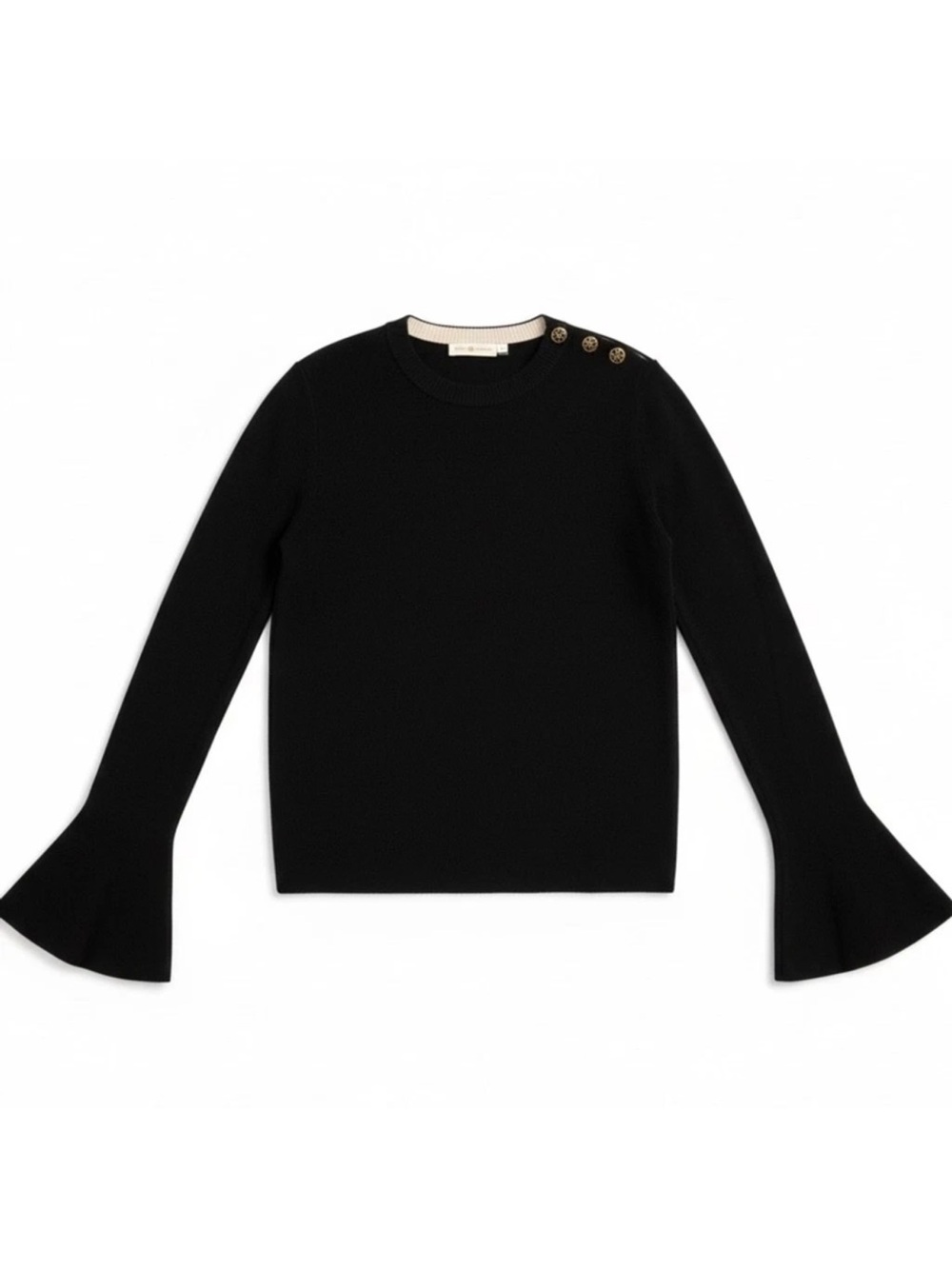 Tory Burch Kimberly Black Merino Wool Sweater with Bell Sleeves